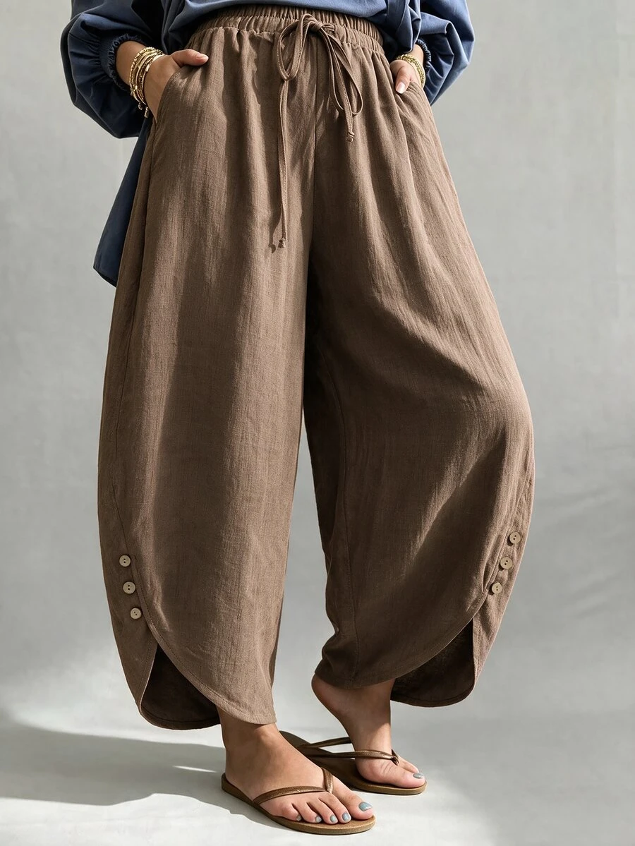 Linhara CURVE Quần short linen dáng rộng size lớn cho nữ, quần harem lưng chun dây rút, cúc bên hông, phong cách thường ngày, chiều dài ngắn, có túi, mùa thu - Cà phê nâu - Xem 1