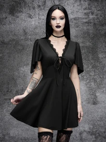 Cryptelle Women's Gothic Lace V-Neck Tie Front Mini Dress Autumn/Winter Black Halloween Party Night Outfit - Black - View 1