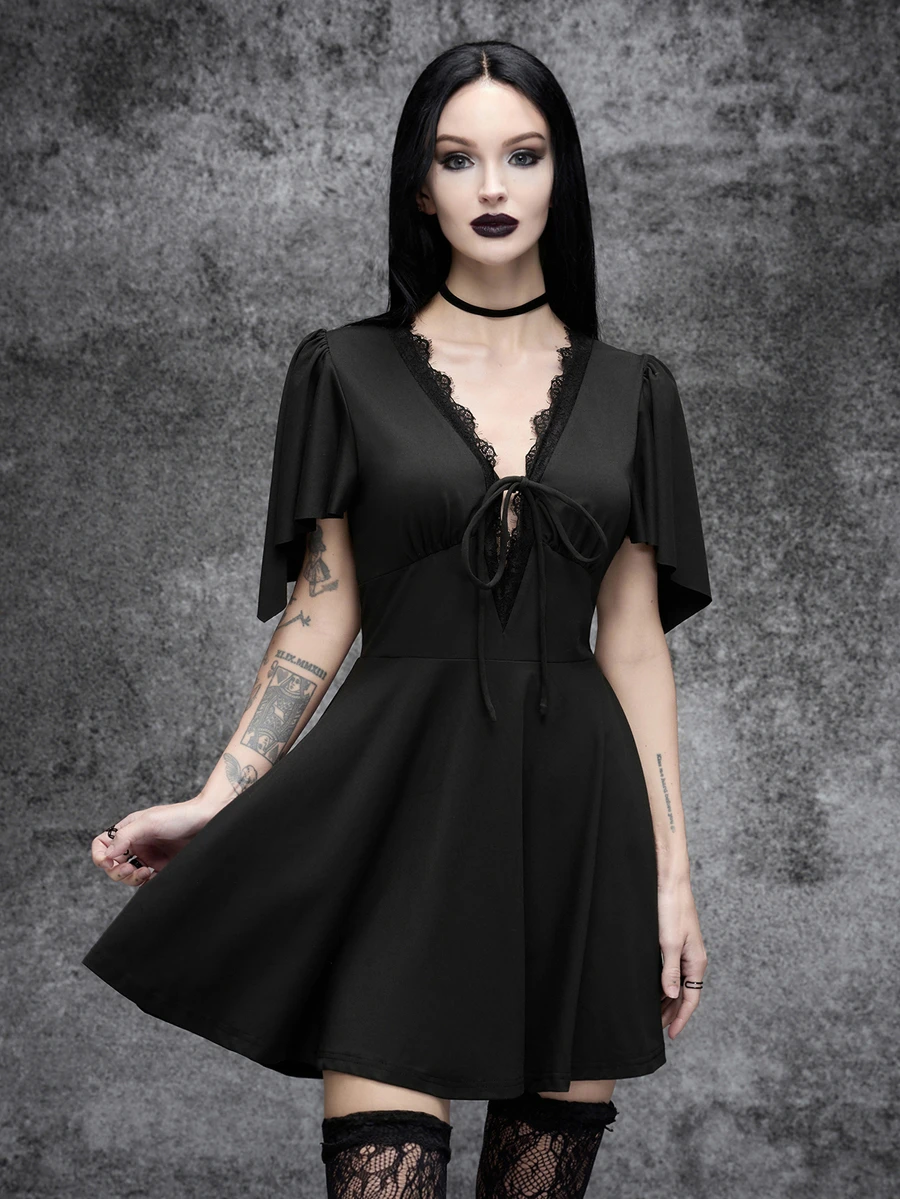 Cryptelle Women's Gothic Lace V-Neck Tie Front Mini Dress Autumn/Winter Black Halloween Party Night Outfit - Black - View 1