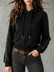 INAWLY Solva Áo nỉ hoodie nữ mặc thường ngày phong cách casual trang trí đính đá - màu đen - Xem 4