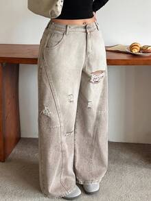 Dazy Plus Vintage slitna löst sittande jeans med revor i koreansk streetstyle, för alla säsonger - Brun - Visa 6