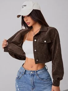 SHEIN PETITE 秋季女裝落肩翻蓋設計短版燈芯絨黑色夾克，適合嬌小女款，返校、上班、旅行、日常穿著、街頭休閒風 - 咖啡棕 - 查看 14