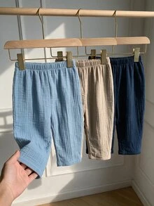 SHEIN 3件組男嬰幼童可愛休閒百搭舒適親膚柔軟純色鬆緊腰長褲套裝秋季服飾 - 彩色 - 查看 6