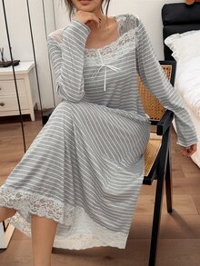 Napfluff Women's Casual Long Sleeve Long Knit Nightgown With Contrast Lace Patchwork, Square Neck And Striped Print - Grey - View 4