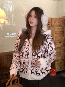 DAZY Women's All-Over Print Casual Versatile Daily Wear Hooded Cardigan - Beige - View 4