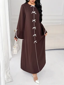 Al Najma Women's Bow Decor Minimalist Arabian Dress - Brown - View 4