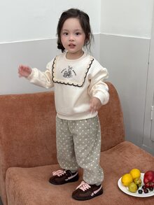DAZY كنزة رياضية مطرزة برسومات كرتونية بأكمام طويلة وياقة دائرية للبنات الصغيرات - لون مشمشي - مشاهدة 7
