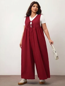Enliva 大尺碼女款寬腿連身褲，前綁帶設計附口袋，寬鬆版型，適合蘋果型圓潤身型/2026/新年 - 酒紅色 - 查看 4