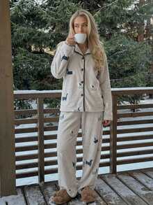 Livesso Women's Cartoon Animal Long Sleeve Single-Breasted Top And Pants Pajama Set - Grey - View 9