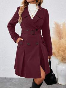 SHEIN Clasi 女款長領環扣收腰灰色風衣，秋冬女裝 - 酒紅色 - 查看 3