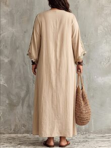 Linhara CURVE Elegant Plus Size Women's Gold Thread Embroidered Lace Patchwork Loose Flare Sleeve Party Date Holiday Dress - Champagne - View 2