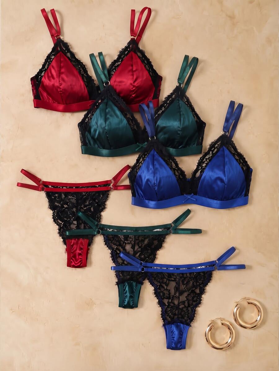 HautHeat 6pcs Multi-Color Satin Lace Patchwork Triangle Cup Elegant Romantic French Style Women's Lingerie Set - Multicolor - View 1