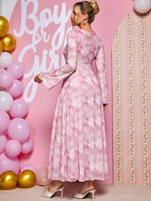 Loomaby Maternity Tie-Dye Print Round Neck Long Sleeve Pleated Elegant Dress Fall - Pink - View 8