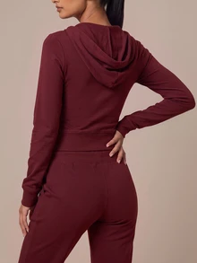 SHEIN BAE Women's Solid Color Zipper Front Drawstring Hooded Sports Jacket - Burgundy - View 2