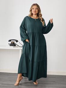 SHEIN CURVE+ 大尺碼女款春夏純色圓領燈籠袖荷葉邊鬆身休閒長洋裝，秋冬約會早午餐穿搭，黑色 - 水鴨藍 - 查看 7