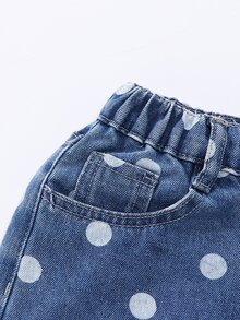 SHEIN 女童波點牛仔中長裙，復古休閒風，白色配黑色波點印花，斜腰帶設計，柔軟細緻棉質牛仔布，百搭T恤，適合返校、通勤、旅行、日常穿著 - 中等水洗藍 - 查看 5