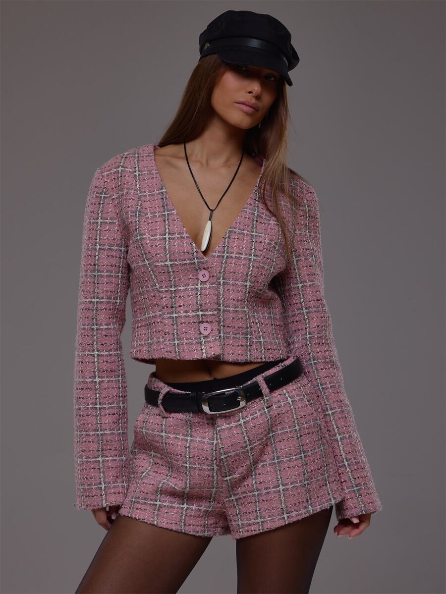 MUSERA Pink Woven Plaid Cropped Button Down Tailored Top Autumn Fall Winter Cute Everyday Office Corporate Romance - Pink - View 1