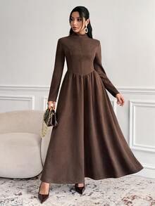 Veilorie Women's Pleated Casual Party Long Dress - Brown - View 3