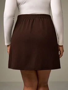 SHEIN Tall CURVE 大尺碼黑色彈性針織抓皺A字裙，優雅日常百搭款，適合冬季與秋季穿著 - 咖啡棕 - 查看 2