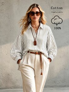 Ceyna Plus Striped Print Drop Shoulder Oversize Lantern Sleeve Shirt Fall - White - View 1