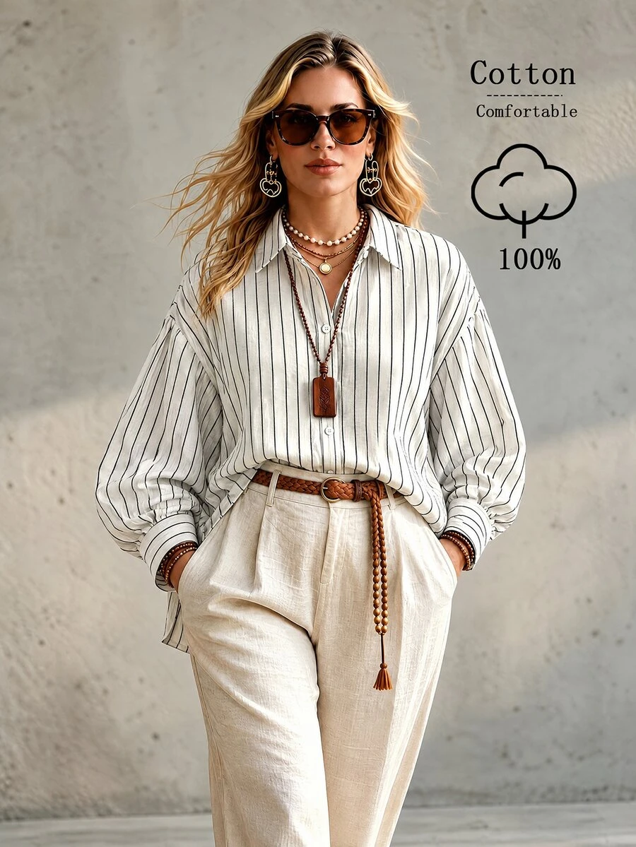 Ceyna Plus Striped Print Drop Shoulder Oversize Lantern Sleeve Shirt Fall - White - View 1