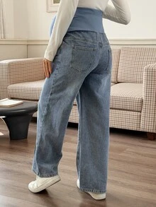 DAZY Distressed Washed Straight Leg Casual Everyday Korean Style Autumn/Winter Maternity Jeans - Blue - View 2