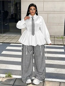 Maweii Plus Size Women's Tie Waist Puff Hem Blouse With Contrast Color Plaid Collar And Tie 2 Pieces Set Fall Party Formal White Casual Elegant - Multicolor - View 3