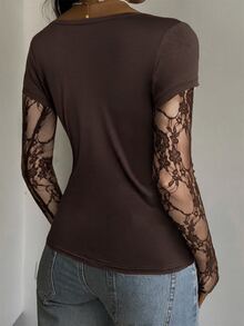 SHEIN EZwear 女款蕾絲拼接修身百搭休閒T恤 - 棕色 - 查看 2