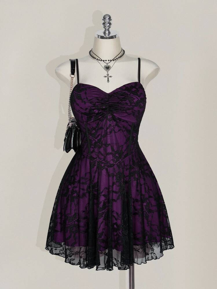 SHEIN ICON Plus Size Square Neck Ruched Lace Color Block Slip Dress, Y2K 1950s Vintage Goth 90s Party Cocktail Concert Halloween Costume Burgundy Summer - Purple - View 10