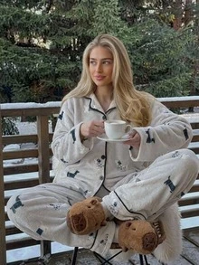 Livesso Women's Cartoon Animal Long Sleeve Single-Breasted Top And Pants Pajama Set - Grey - View 7
