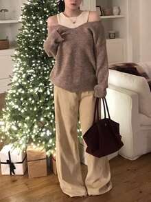 DAZY Women's Crew Neck 2 In 1 Korean Style Long Sleeve Sweater - Khaki - View 6