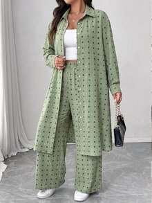 Elenzga Plus Size Pleated Textured Fabric Lapel Regular Long Sleeve Long Shirt And Loose Straight Leg Pants Casual Outing Commute 2 Pieces Set - Multicolor - View 6