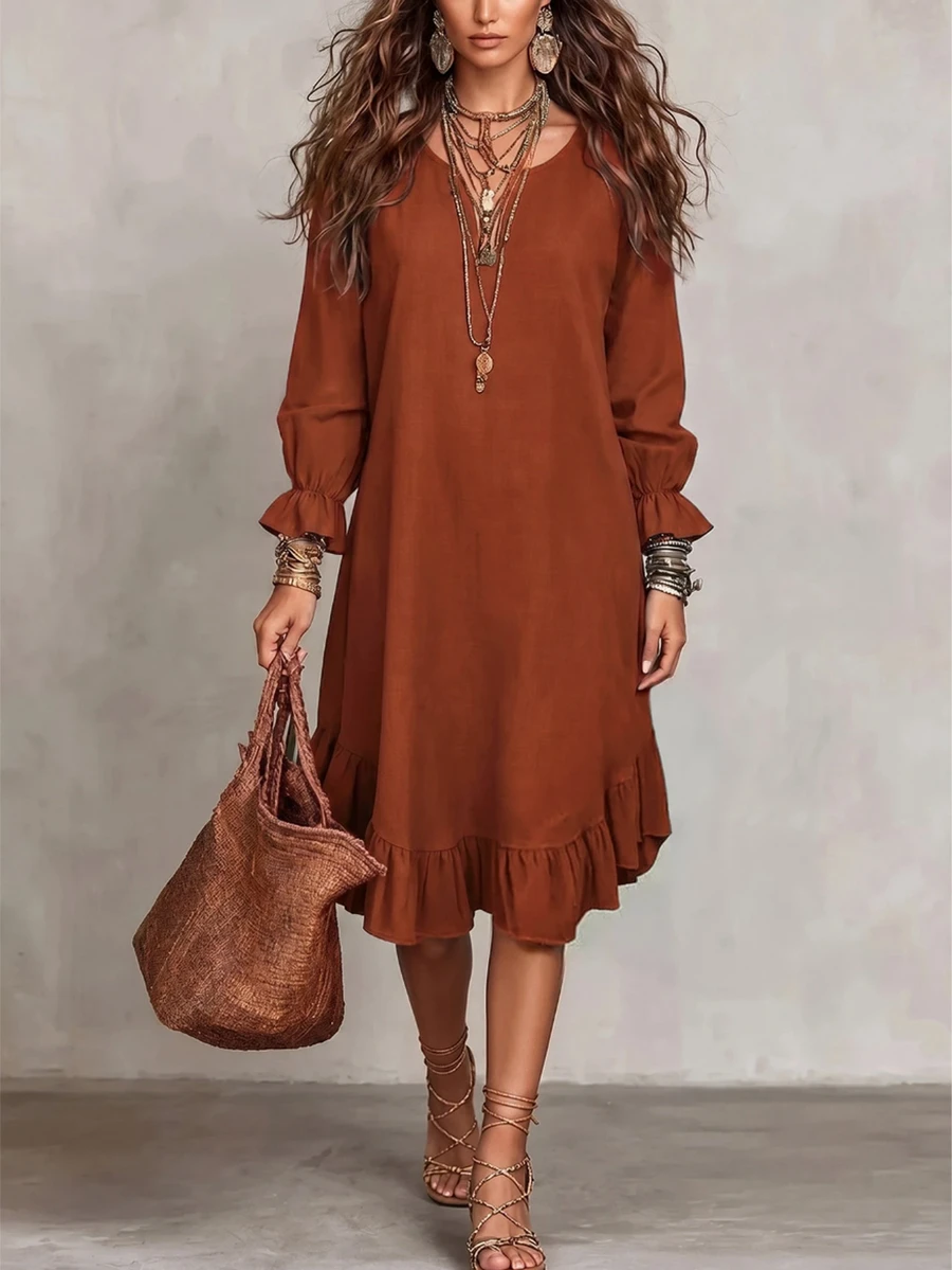 Linhara CURVE Ladies' Casual Long-Sleeve Dress With Ruffled Hem, Bohemian-Style Autumn Vacation Brown Dress. - Multicolor - View 1