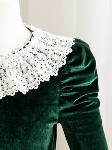 女童深綠色天鵝絨洋裝，白色蕾絲彼得潘領泡泡長袖A字大裙擺，生日派對禮服，春/秋款，聖誕風格 - 墨綠色 - 查看 8