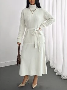 CLARA VERO Belted Turtleneck Knit Skirt Elegant Set - Beige - View 1