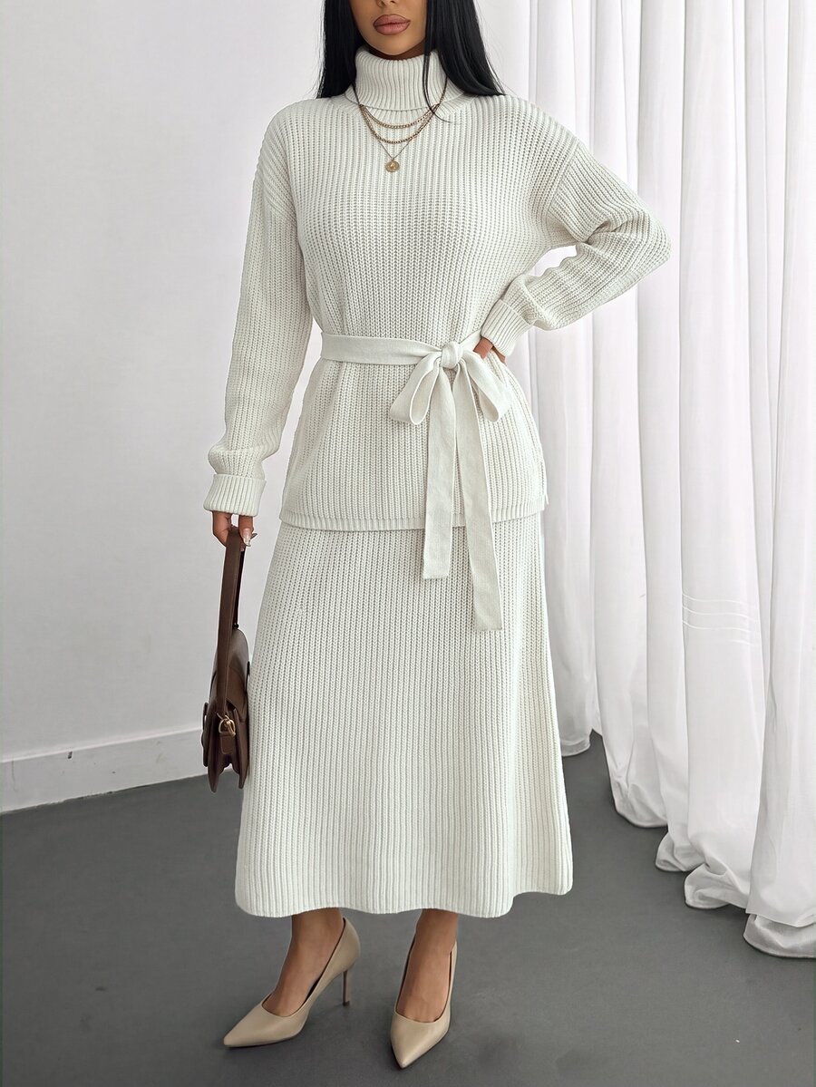 CLARA VERO Belted Turtleneck Knit Skirt Elegant Set - Beige - View 1