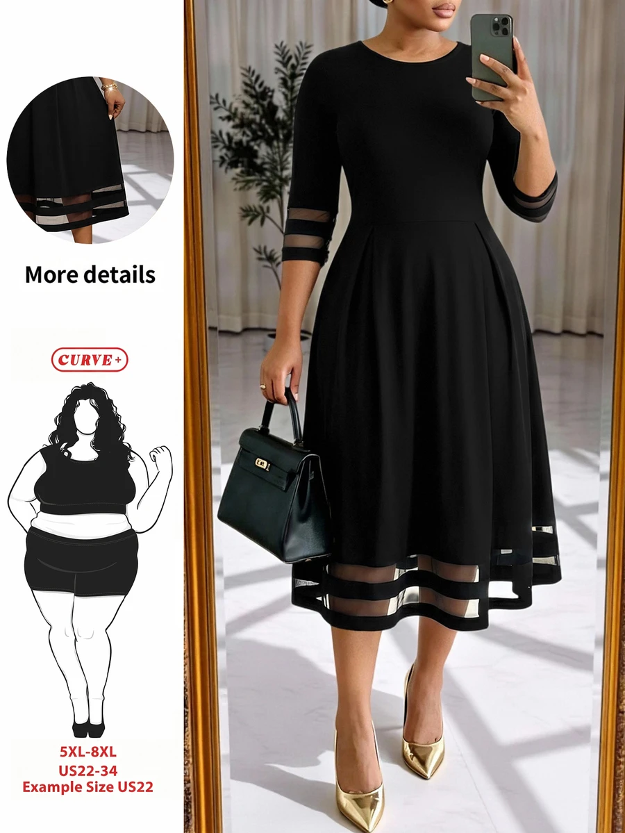 SHEIN CURVE+ Plus Size 22W Autumn/Winter New Mesh Patchwork Dress, Recommended Party & Banquet Style, Suitable For Halloween & Christmas - Black - View 1