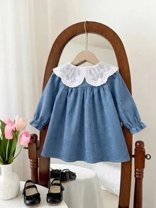 SHEIN Newborn Baby Peter Collar Ruffle Casual Daily Summer Dress - Blue - View 2