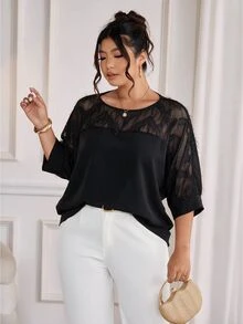 Cravure Plus Size Round Neck 3/4 Sleeve Short Sleeve Gold Foil Fabric Patchwork Contrast Color Woven Fabric Cuff Raglan Sleeve Casual Pullover Shirt For Outing, Vacation, Commute And Party - Black - View 3