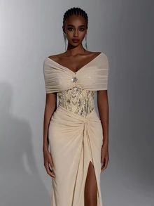 Elitara Elegant Luxury Beaded Chiffon Evening Gown With Off-Shoulder Corset Bodice And Twisted Ruched Slit Mermaid Skirt Design, Suitable For Weddings Or Formal Parties - Apricot - View 4