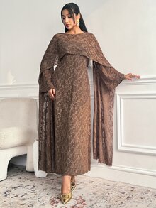Veilorie فستان نسائي أنيق من الجاكار بتصميم عربي لحفلات المساء - بني - مشاهدة 1