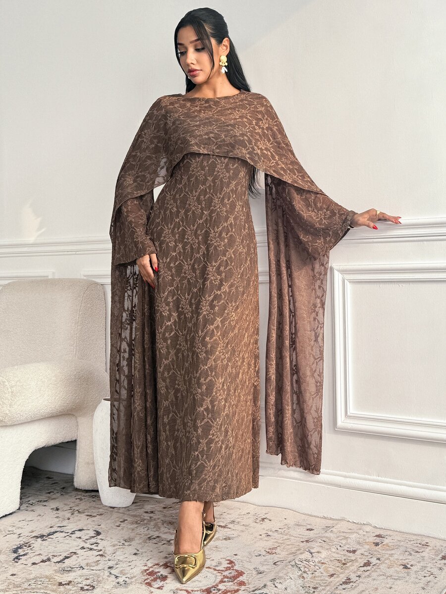 Veilorie فستان نسائي أنيق من الجاكار بتصميم عربي لحفلات المساء - بني - مشاهدة 1