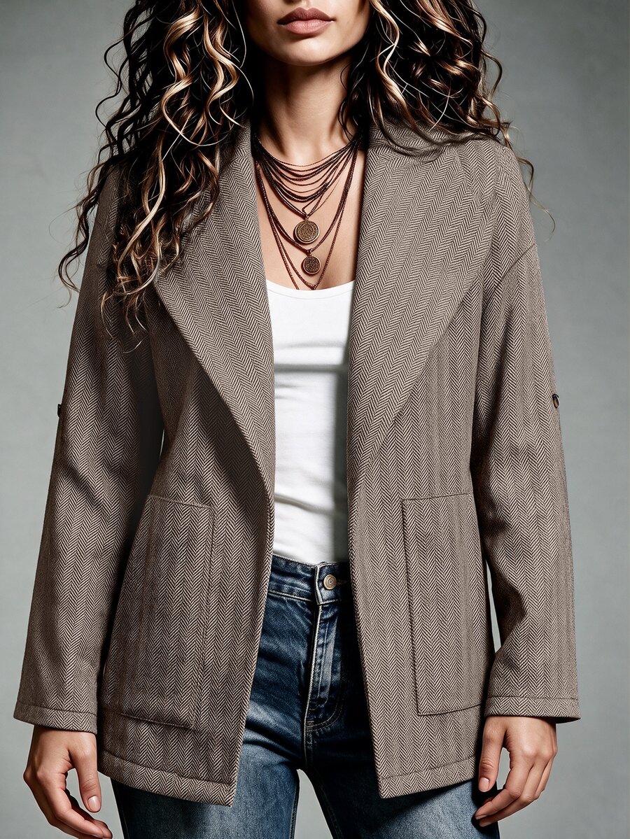 GlowEve CURVE Plus Size Women's Casual Vintage British Herringbone Tweed Jacket With Pockets - Brown - View 1