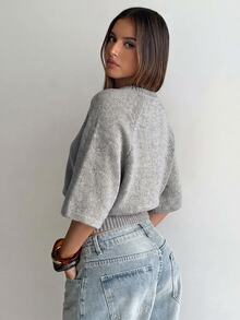 Aloruh Women's Fashion Ribbed Waist Sweater, Autumn/Winter Vacation - Light Grey - View 2