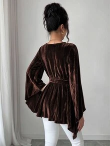 Elenzga Autumn/Winter Round Neck Coffee Color Velvet Pleated Blouse - Coffee Brown - View 2