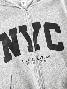 SHEIN 青少年女孩字母印花拉鍊連帽外套與運動長褲休閒套裝 - 淺灰色 - 查看 3
