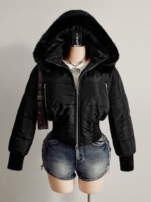 SHEIN ICON Women's Plus Size Hooded Patchwork Fur Collar Black Padded Coat Winter - Black - View 1