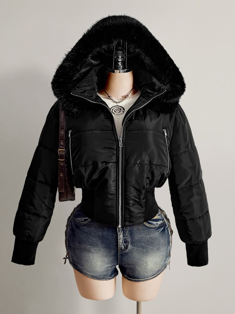 SHEIN ICON Women's Plus Size Hooded Patchwork Fur Collar Black Padded Coat Winter - Black - View 1