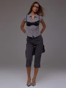 MUSERA Grey Mesh Sheer Blouse With Black Bra Layer Autumn Fall Winter Cute Everyday Office Corporate Romance - Multicolor - View 2