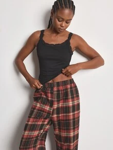 Ocili Women's Lace Trim Minimalist Comfortable Plaid Cotton Long Pants Drawstring Loungewear Set - Multicolor - View 7